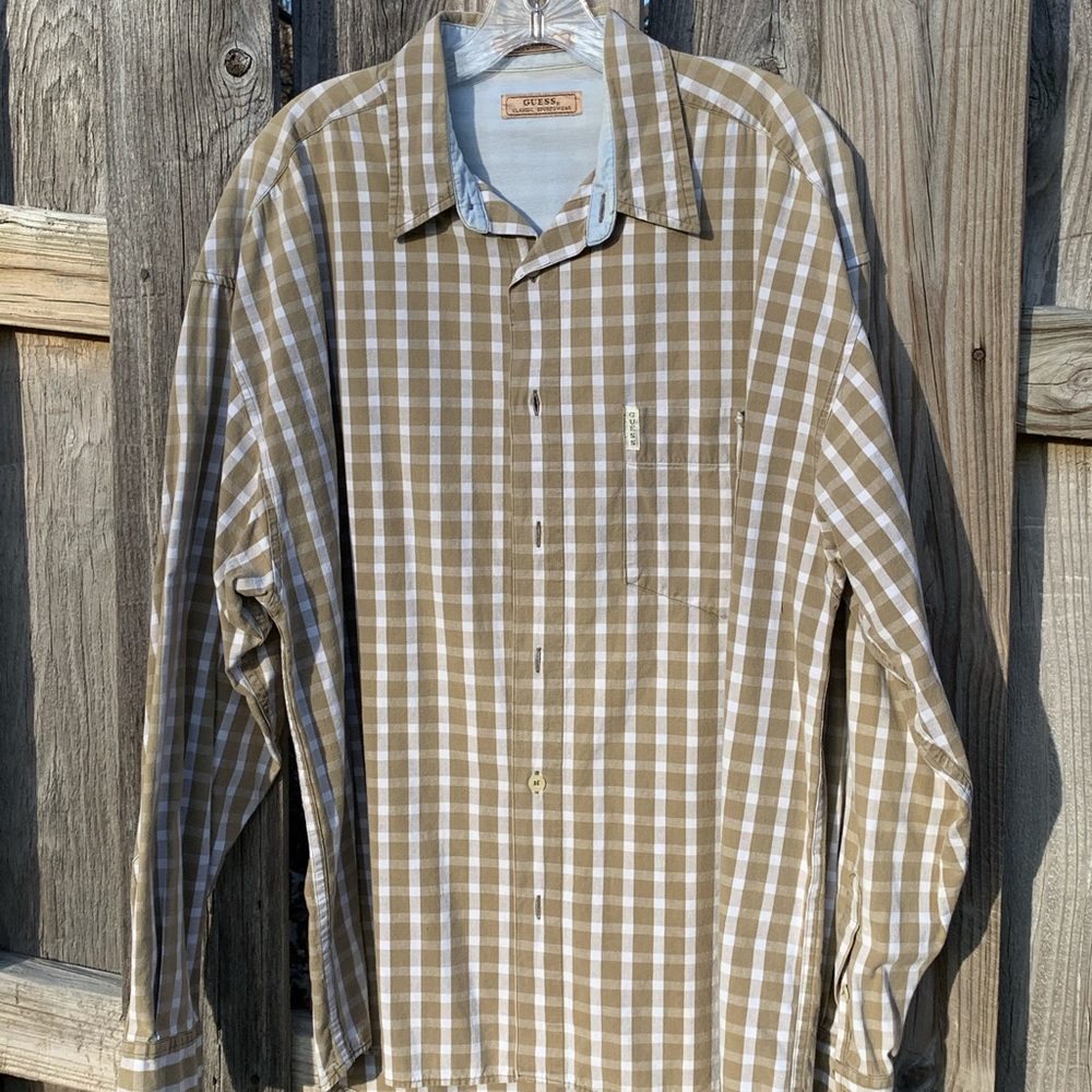 Guess Taupe & White Checkered Shirt Large